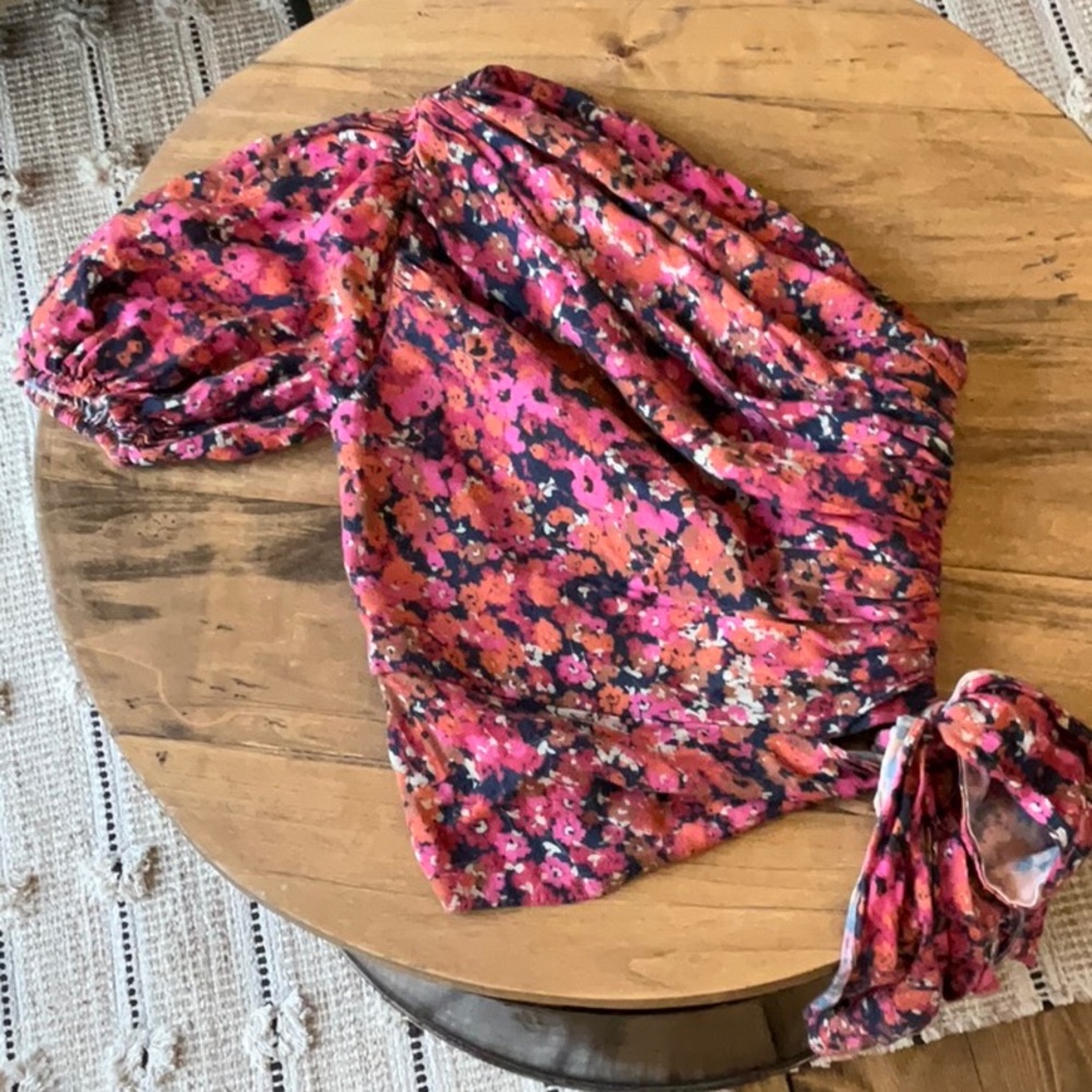 Amanda Uprichard  Pink and Purple Puff Sleeve Ruched Blouse xs